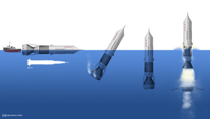 Schéma transportu, přípravy a startu obří rakety SeaDragon