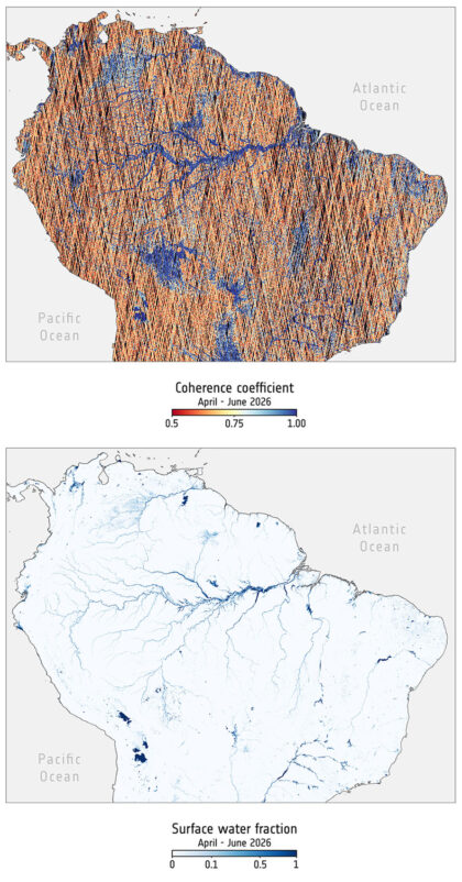 Mapa vod v Jižní Americe vytovřená dvěma metodami. Nahoře jsou data z HydroGNSS, dole pak od družic Sentinel-1.